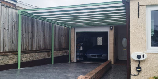 Milwood Group Carport Installation Cowbridge Wales Pale Green RAL 6021 Canopy Pro