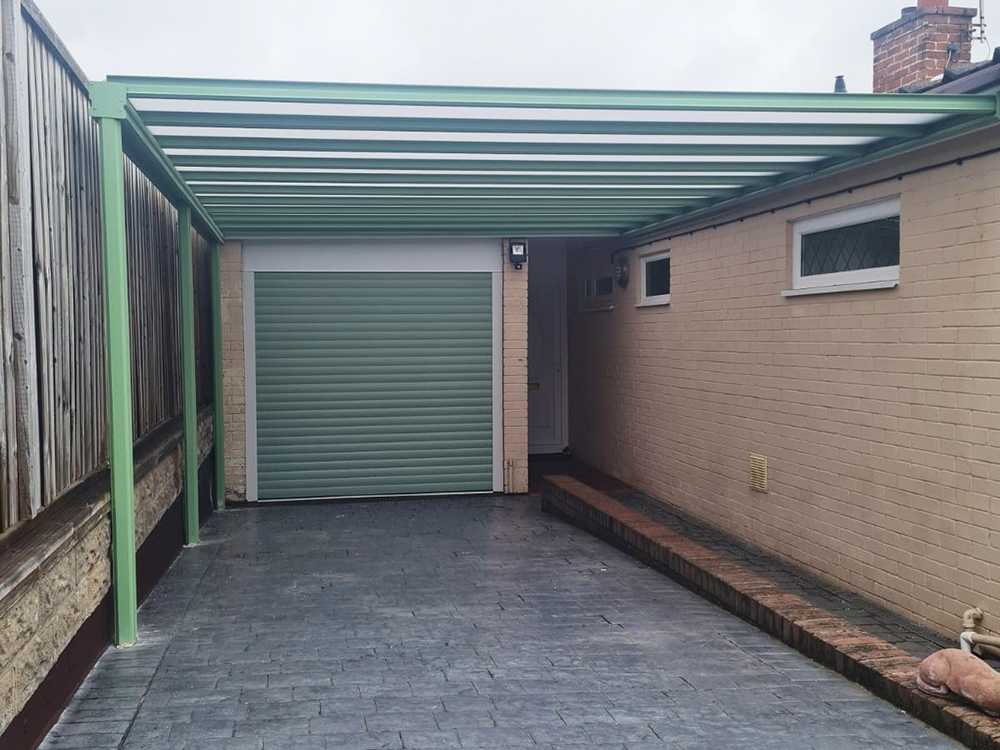 Milwood Group Carport Installation Cowbridge Wales Pale Green RAL 6021 Canopy Pro