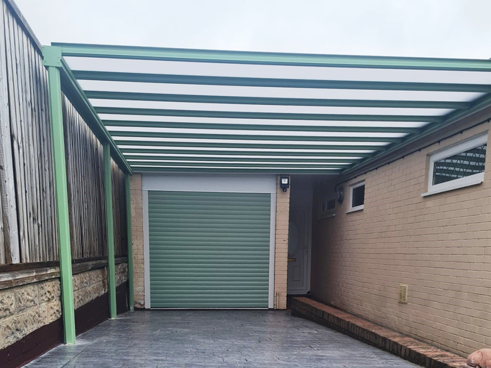 Milwood Group Carport Installation Cowbridge Wales Pale Green RAL 6021 Canopy Pro