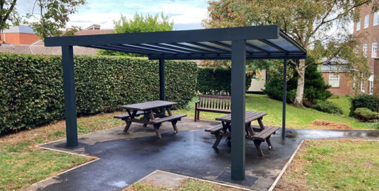Robust veranda installation in Scarborough featuring bespoke Goal Post height solution design to create free-standing system, installed by our Trade Partner NGT